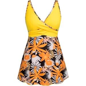 Grace Karin Women's Floral Tankini Set 2PC Swimsuit Small V-Neck High Yellow